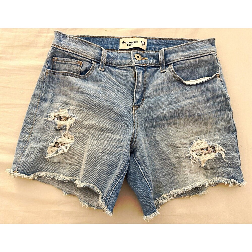 Abercrombie Kids Girls Light Wash Blue Denim Shorts Distressed Pockets Zip 15/16